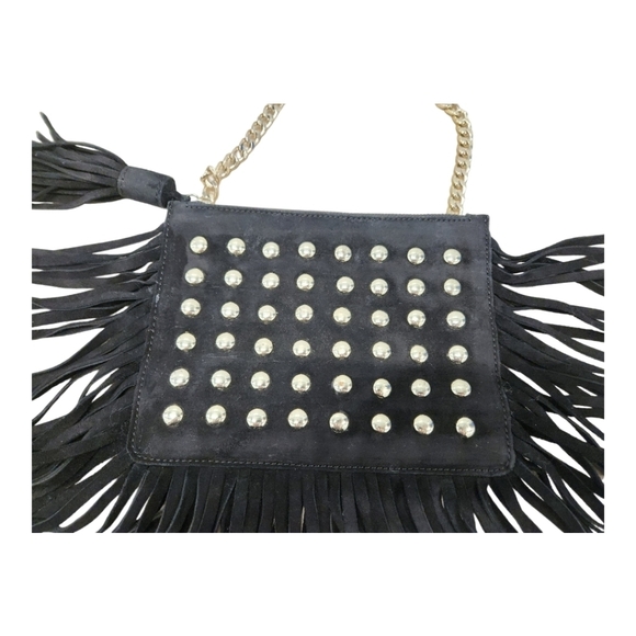𝅺ALICE+OLIVIA Black Suede Fringe Studded Tassel Crossbody Bag - Picture 3 of 15